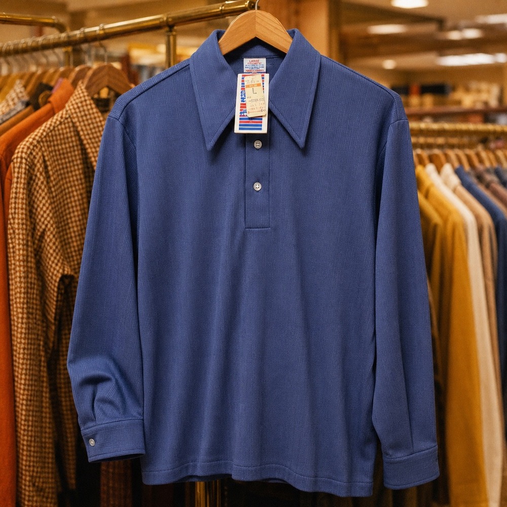 VTG 70s Sears Put On Shop Deadstock NOS Dagger Collar Ribbed Knit Shirt L Blue